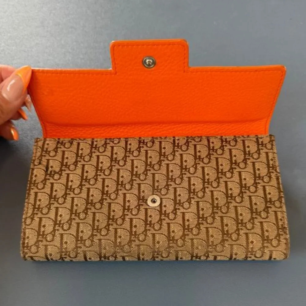 Christian Dior Diorissimor Brown & Tan Trotter Wallet with Orange Leather Trim
